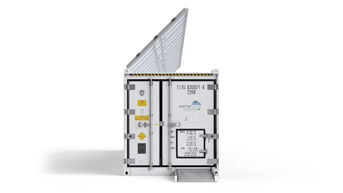 40ft ArcticStore Horizon lato anteriore con Pannelli Solari 45 gradi