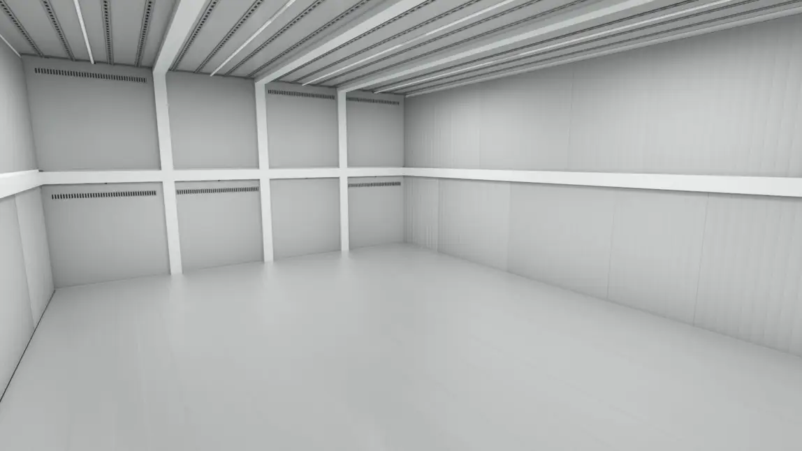 Vista interna del container di stoccaggio a temperatura controllata Arctic MegaStore con pareti e pavimento isolati.