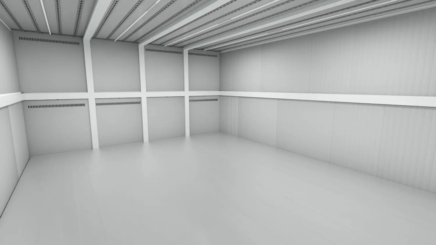 Vista interna del container di stoccaggio a temperatura controllata Arctic MegaStore con pareti e pavimento isolati.