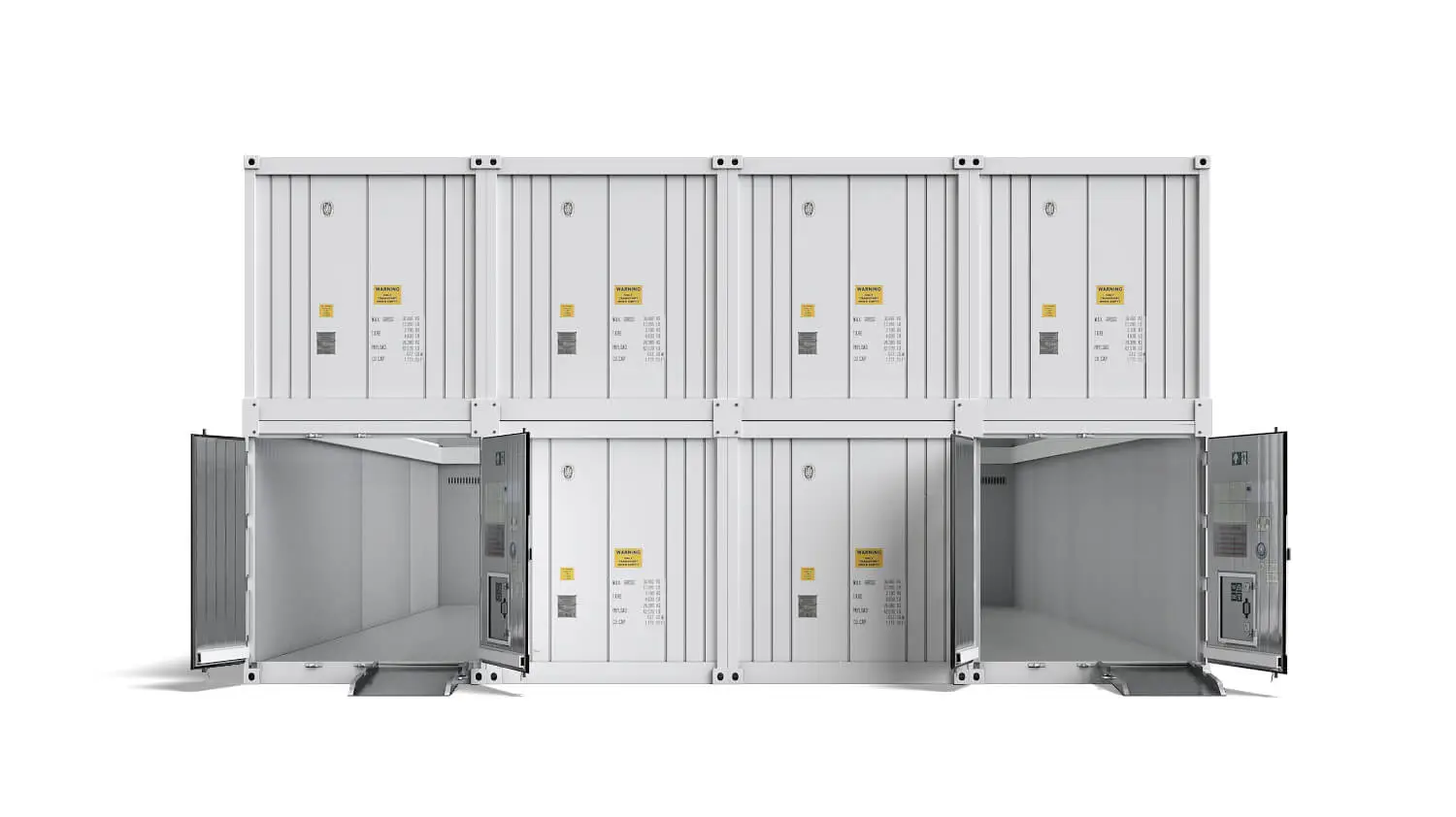 Contenitori modulari di stoccaggio a freddo Arctic MegaStore mostrati in configurazione impilata con accesso tramite rampa.