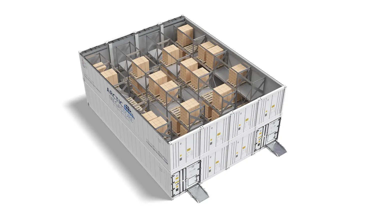 Vista interna del container di stoccaggio a temperatura controllata Arctic MegaStore con pareti e pavimento isolati.