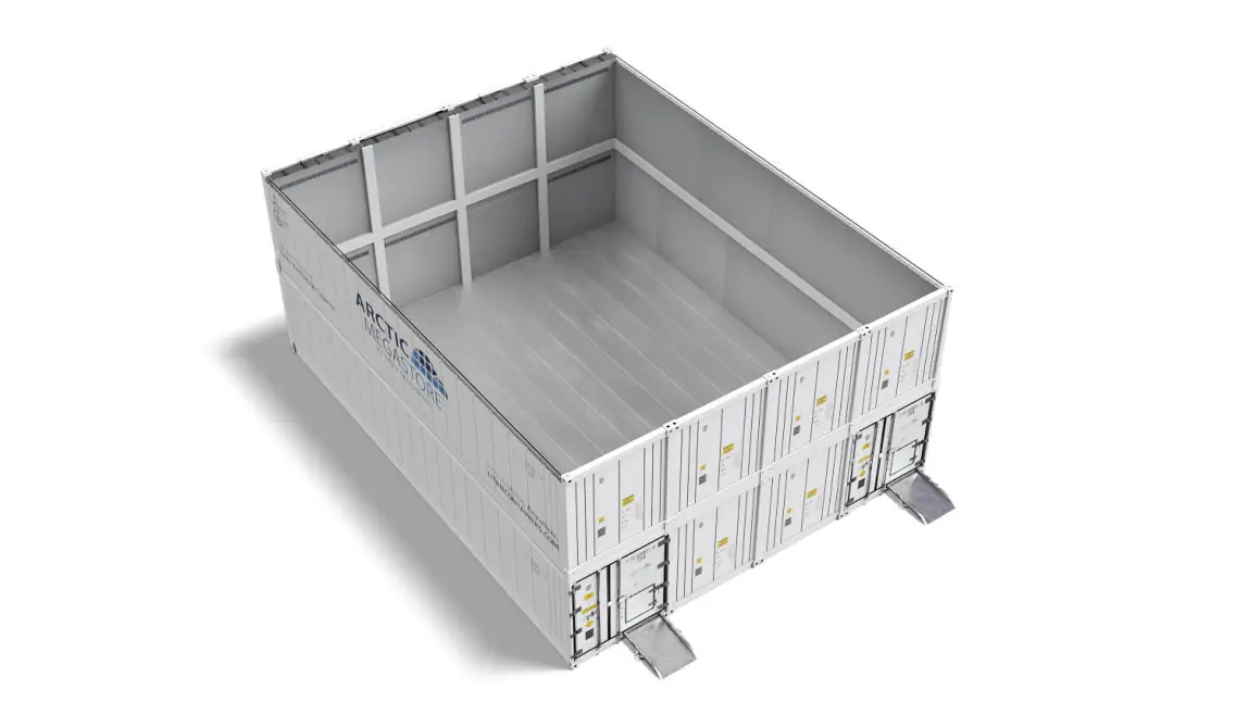Vista interna del container di stoccaggio a temperatura controllata Arctic MegaStore con pareti e pavimento isolati.
